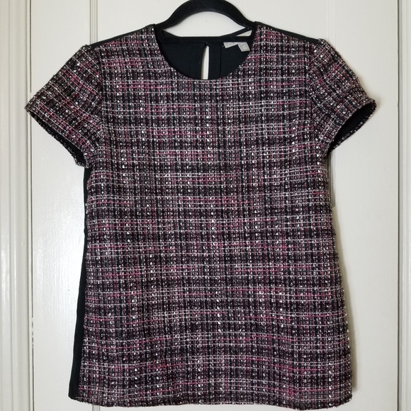 BANANA REPUBLIC black back tweed wool metallic front short sleeve top - Picture 2 of 9